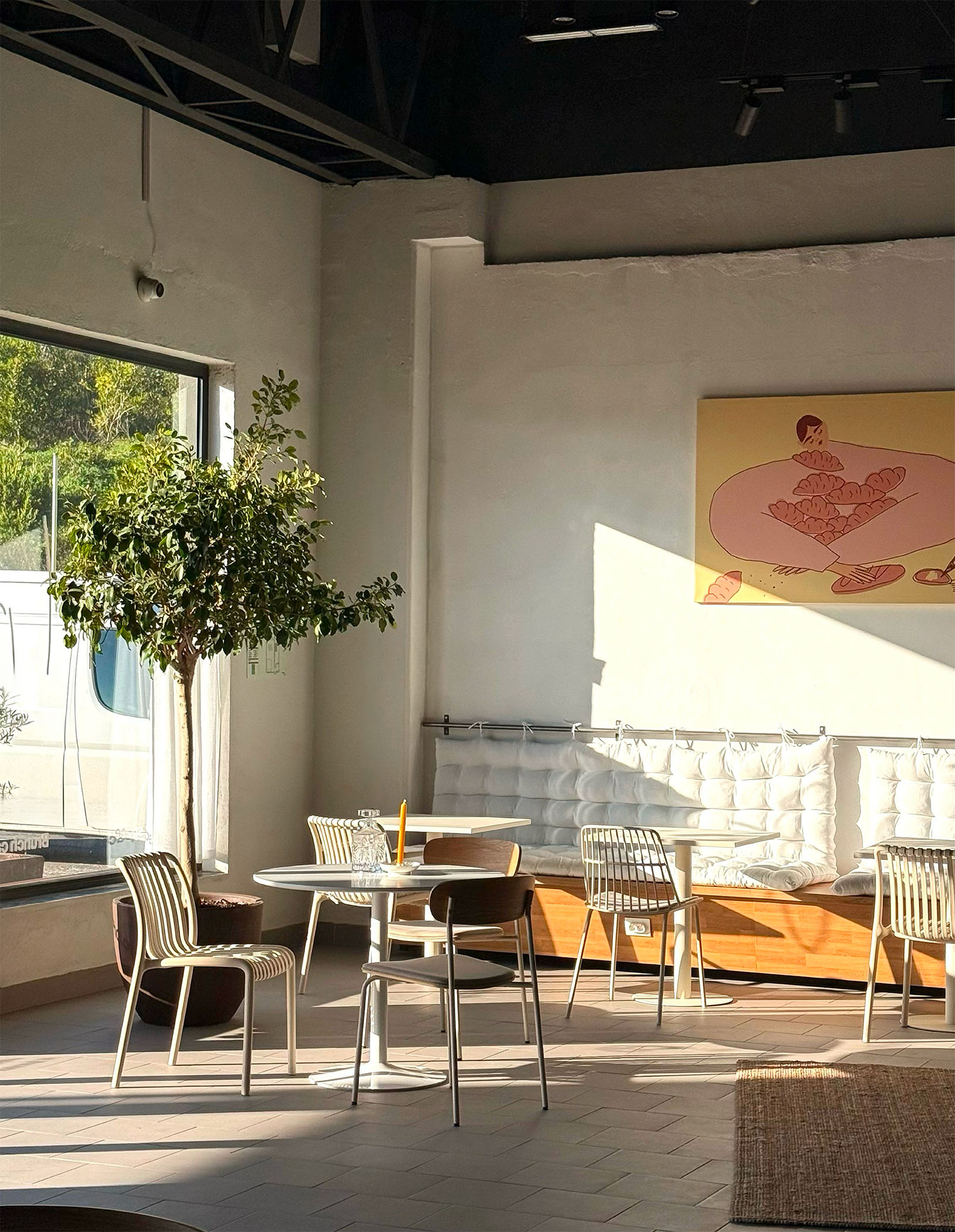 Flow cafe interior with natural light, plants, and seating area